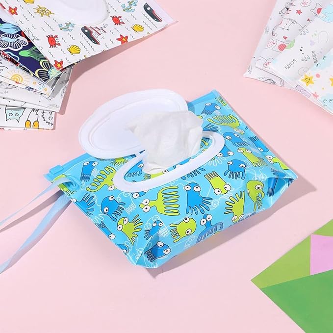 Portable Wet Wipe Pouch, Refillable Baby Wipe Dispenser with Snap Strap, Travel Reusable Wipes Container Wipe Carrying Case Holder(5)