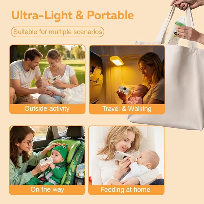 Portable Milk Warmer for Travel, On The Go Baby Bottle Warmer, Waterless Bottle Warmering with Battery-Powered for Home Outdoor, Fast Heating & Precise Temperature Control with LCD Display
