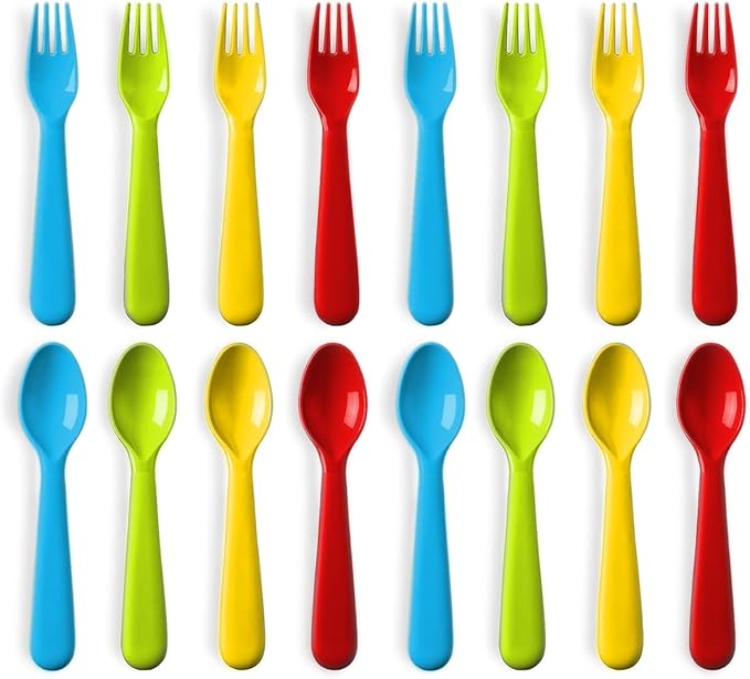 Plaskidy 16 Pc Plastic Toddler Utensils Set - 8 Kids Forks & 8 Kids Spoons, BPA Free/Dishwasher Safe, Brightly Colored Silverware, Great for Toddlers