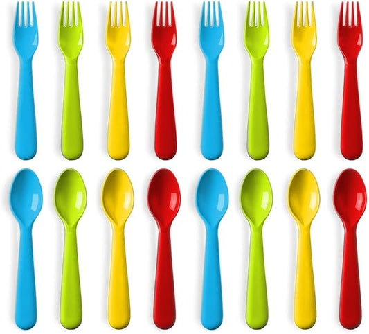 Plaskidy 16 Pc Plastic Toddler Utensils Set - 8 Kids Forks & 8 Kids Spoons, BPA Free/Dishwasher Safe, Brightly Colored Silverware, Great for Toddlers