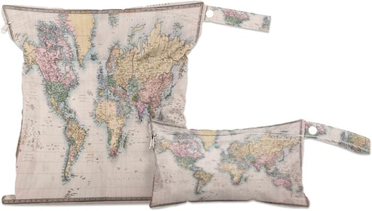 Vintage World Map Wet Dry Bag for Cloth Diaper Swimsuit, Educational World Map Waterproof Wet Bag Organizer Pouch with Zippered Pockets and Snap Handle Washable for Travel Daycare Gym, 2 Pack