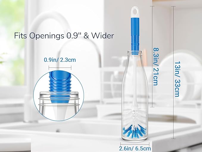 Bottle Brush Cleaner—Long Water Bottle Brush for Tumblers, Cups, Glassware & Baby Bottles, 2 Handles with 4 Brush Heads