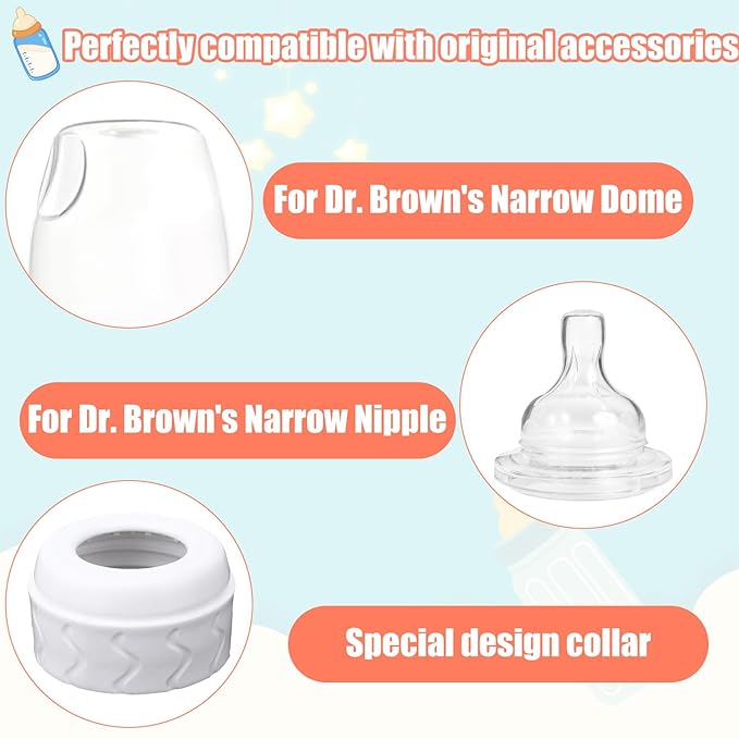 6pcs Replacement Bottle Nipple Collars Rings for Dr. Brown's Narrow Plastic & Glass Bottles 4oz & 8oz, No Leak BPA Mess Free Caps Nipple Ring Spill Proof Baby Feeding Parts Accessories (White)