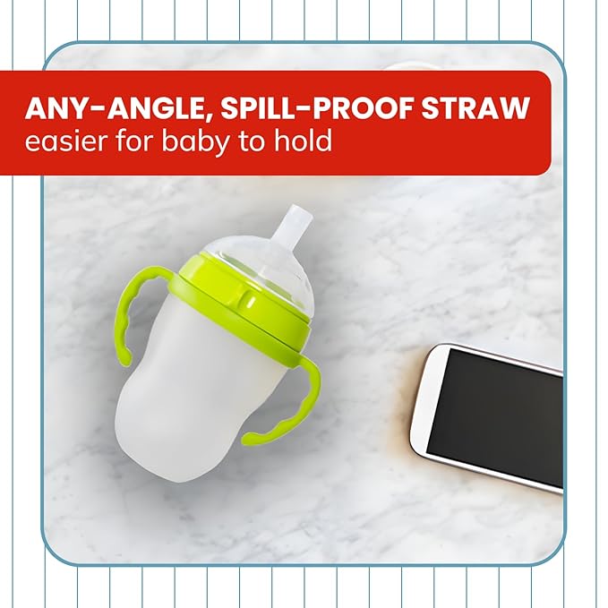 Straw Transition Cup Kit for Comotomo Baby Bottles | Conversion Kit Fits 5 Ounce and 8 Ounce Bottles | Soft, Silicone Straw Top Bottle Nipple & Weighted Straws to Help Baby Transition | 2 Pack (Green)
