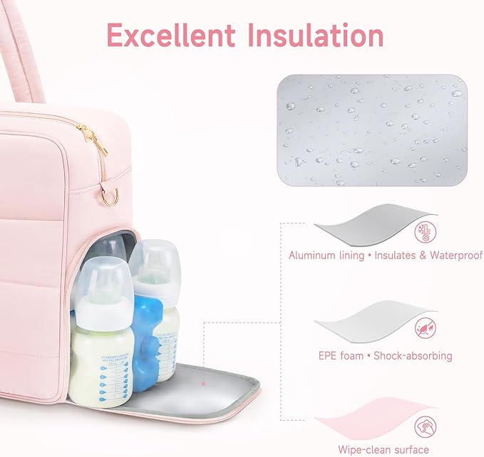 Breast Pump Bag with Insulated Breast Milk Cooler Pocket, Fits Spectra S1/S2 & Most Pumps, Water‑Resistant Work & Travel Tote with 15.6" Laptop Sleeve, Stroller Straps, Luggage Sleeve & Ice Pack, Pink