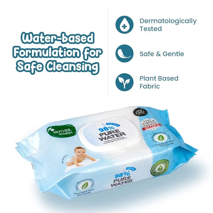 Mother Sparsh Scented Water Cotton Plant Fabric, Biodegradable Wipe (Blue, 15 Wipes) - Pack of 4