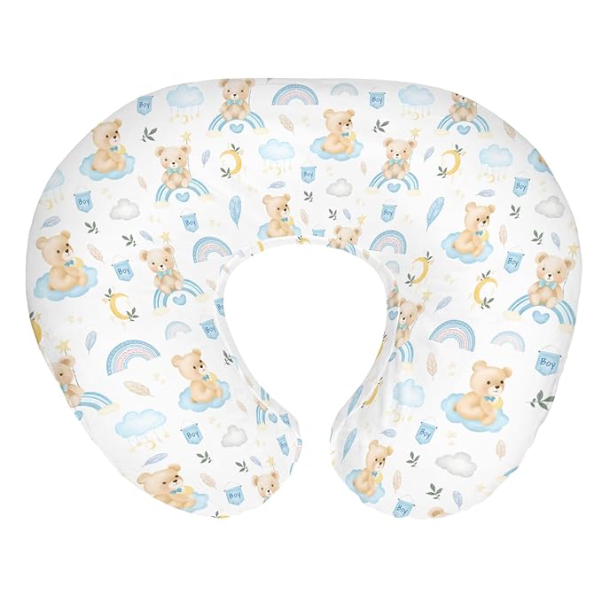 Watercolor Bear Rainbow Blue Baby Nursing Pillow Covers for Girl Boy Cute Bears Moon Stars Clouds Nursery Slipcovers for Breastfeeding Pillows Pastel Animal Soft Stretchy Cover for Newborn Infant