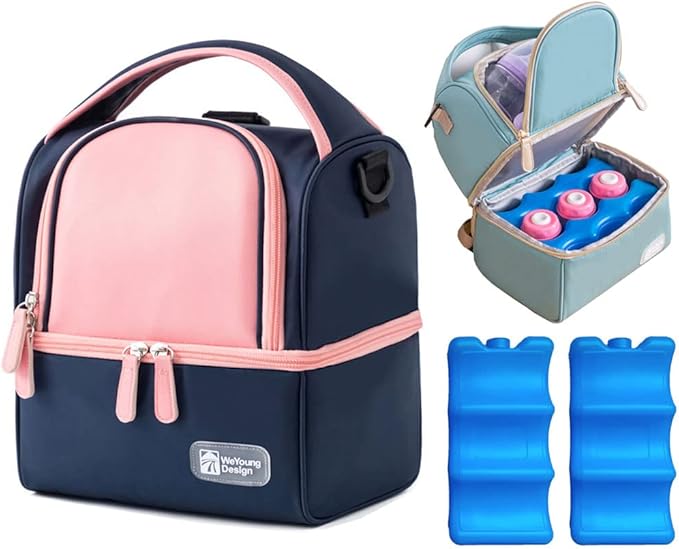 Breastmilk Bottles Cooler Bag, Nylon Breast Pump Backpack with Cooler Compartment, Double Layer Carrying Bag for Nursing Moms, Fits 6 Bottles Up to 9 Ounces
