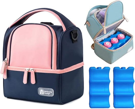 Breastmilk Bottles Cooler Bag, Nylon Breast Pump Backpack with Cooler Compartment, Double Layer Carrying Bag for Nursing Moms, Fits 6 Bottles Up to 9 Ounces