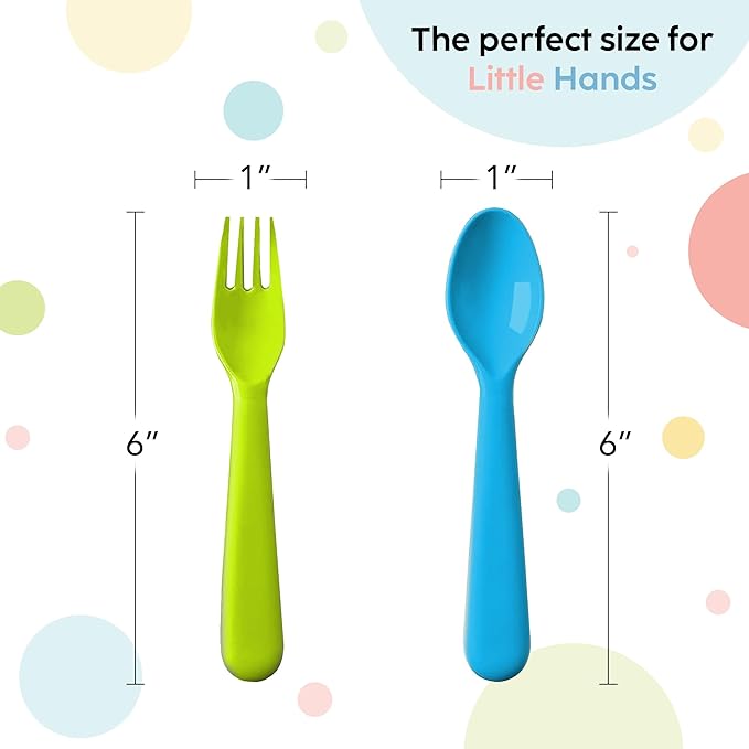 Plaskidy 16 Pc Plastic Toddler Utensils Set - 8 Kids Forks & 8 Kids Spoons, BPA Free/Dishwasher Safe, Brightly Colored Silverware, Great for Toddlers