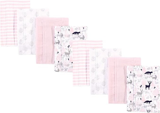 Hudson Baby Cotton Poly Flannel Burp Cloths Multipack, Linocut Woodland Girl 8-Pack, One Size