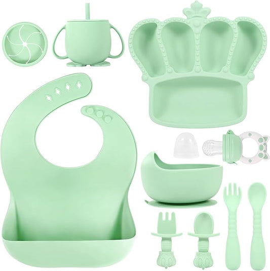 BXLL 10 Pcs Green Silicone Baby Feeding Set - Baby Led Weaning Supplies with Suction Bowl, Divided Plate, Bibs, Fruit Feeder, Pacifier, Spoons, Forks, Sippy Cup & Snack Cup
