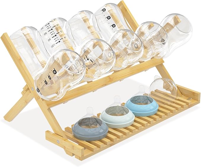 DSVENROLY Baby Bottle Drying Rack Foldable Vertical Bamboo Milk Bottle and Accessories Organizer for Busy Parents, Maximizes Space, Quick Drying, Easy Cleanup & Storage(Yellow)