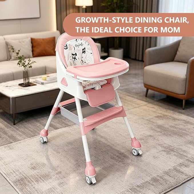 4-in-1 Baby High Chair for Babies & Toddlers, Foldable High Chair with Detachable PU Cushion, Removable Tray, Adjustable Height,Pink