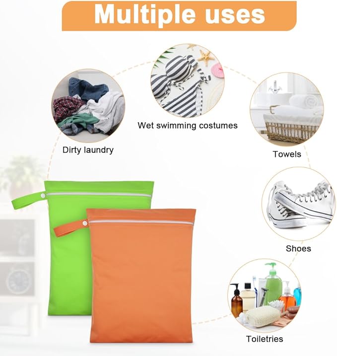 2PCS Wet Bags, Reusable Cloth Diaper Bags with Handle and Zipper, Lightweight Waterproof Travel Laundry Bag, Washable Wet Dry Bag for Baby Items Travel Beach Swimming Gym Camping(Green&Orange)