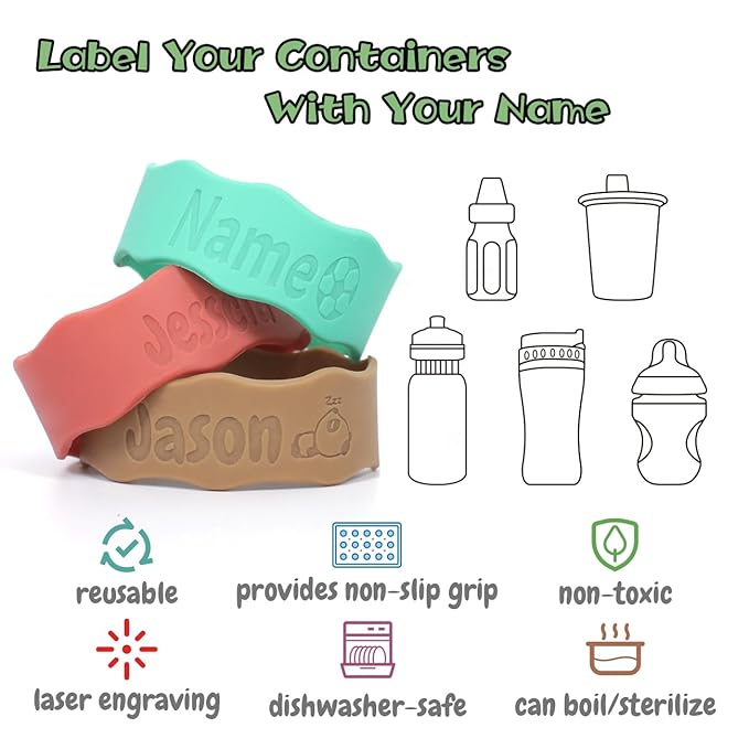 Personalized Water Bottle Name Bands, Custom Silicone Baby Bottle Labels for Daycare Reusable, Laser Engraving Bottle Name Tags, Customized Kids Cups Grip Straps Waterproof