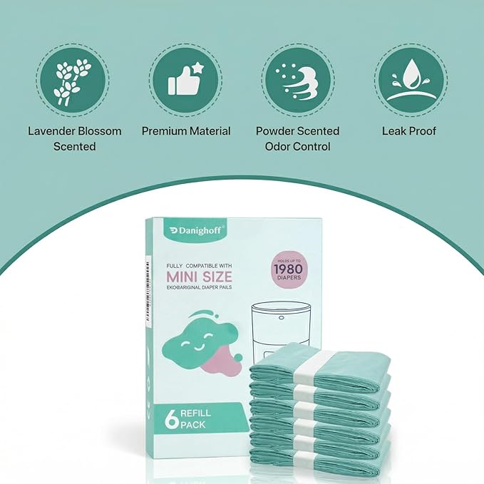 6 Pack Diaper Pails Refills for De-k-or Mini, 30% Extra Thick Heavy Duty Leak-Proof Liners, Multi-Layer Odor Defense Film, Holds 1980 Diapers, Fresh Scented Baby Changing Essentials