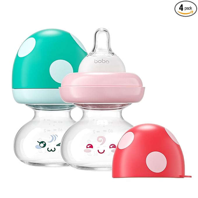 YOHKOH Newborn Glass Baby Bottles with Slow Flow Nipple for 0+ Months, Wide Neck Feeding Bottle, 2.7oz/80ml (Multicolour, 2.7oz (Pack of 2))