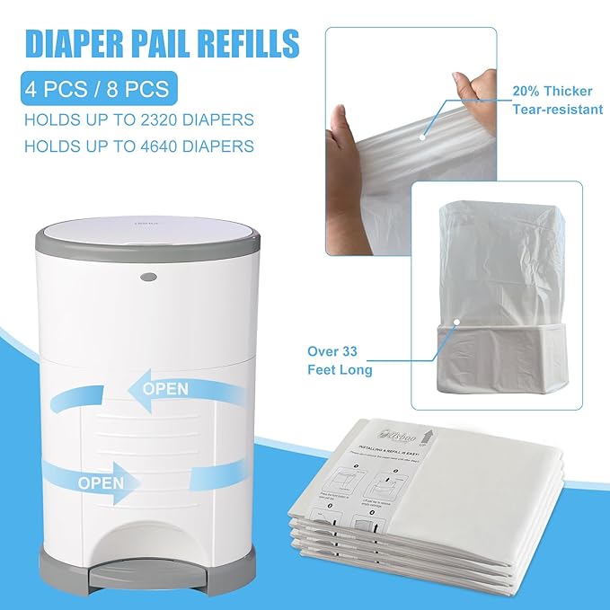 USBOO Diaper Pail Refill Bags Compatible with Dekor Plus Diaper Pail Refills| 4 Pack | Extra Thickness | Diaper Trash Bags | Fresh Powder Scent | Holds up to 2320 Diapers