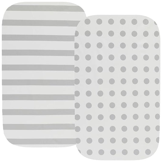 Waterproof Bassinet Sheets, No Need for Bassinet Mattress Pad Cover, 2 Pack Stretch Jersey Knit Super Soft fit for Cradle Oval Rectangle Hourglass Mattress Grey Stripes & Polka Dots