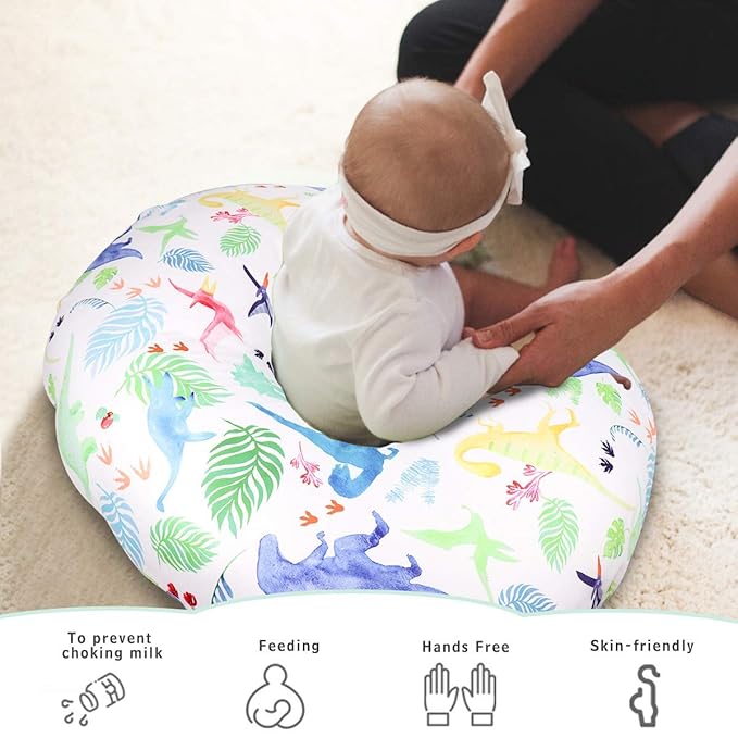 Dinosaur Nursing Pillow Cover, Breastfeeding Pillow Slipcover for Baby Boys & Girls, Nursing Pillow Case for Newborn, Soft Fabric Fits Snug On Infant, Washable & Breathable, Watercolor Dinosaur