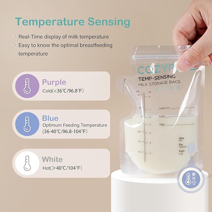 50 Pcs Breastmilk Storage Bags, 8OZ Breast Milk Storing Bag with Pour Spout, Temperature-Sensing Color Change Milk Bag for Convenient Breastfeeding, No Leak Presterilized for Freezer