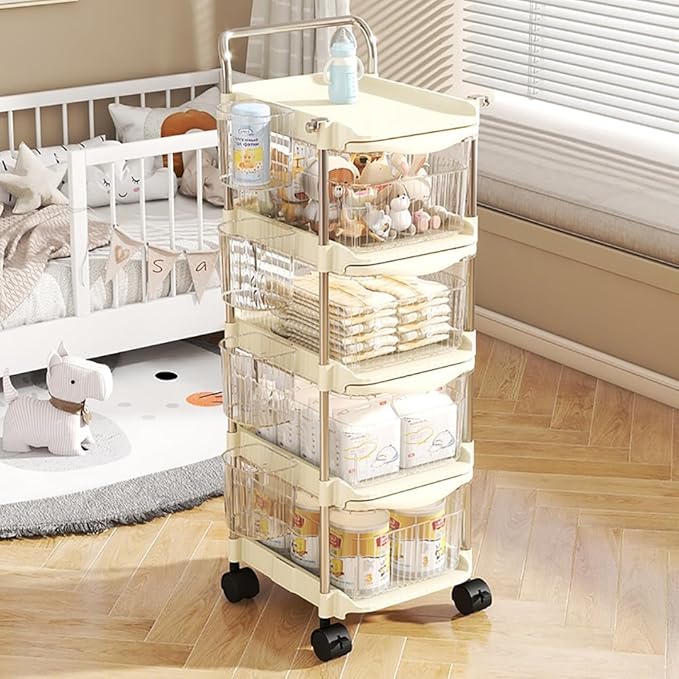Baby Diaper Caddy Cart Organizer - Plastic Movable Cart Drawers with Hanging Basket, Rolling Utility Diaper Storage Caddy Organizer for Changing Table & Crib, Nursery, Bedroom (3 Tier)