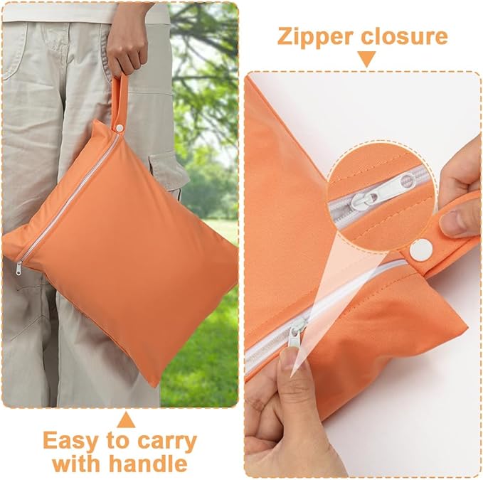 2PCS Wet Bags, Reusable Cloth Diaper Bags with Handle and Zipper, Lightweight Waterproof Travel Laundry Bag, Washable Wet Dry Bag for Baby Items Travel Beach Swimming Gym Camping(Green&Orange)