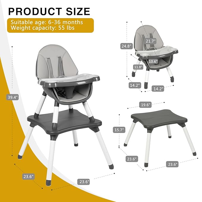Gofirst 6 in 1 Baby High Chair,Convertible High Chairs for Babies and Toddlers/Booster Seat/Table and Chair Set,Babies Feeding Chair/5-Point Harness,4-Position Removable Tray&PU Cushion Baby Highchair