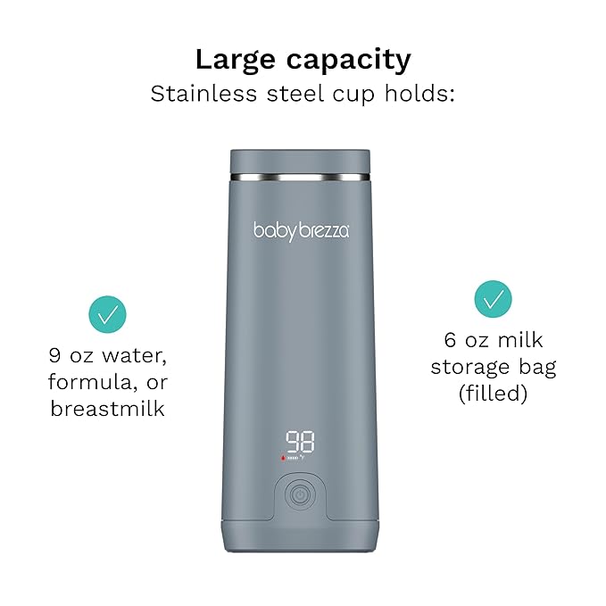 Baby Brezza Portable Warmer – 3X Faster Baby Bottle Warming - Travel Breastmilk and Formula Warmer - Safe, Even Heating - Up to 9oz - No Adapters, Grey