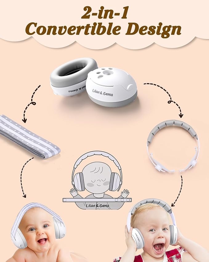 Lilian&Gema 2-in-1 Baby Ear Muffs Noise Protection up to 48 Months - Baby Airplane/Travel Essentials - Adjustable Noise Reduction Earmuffs - Ear Protection Headphones for Infant & Toddler, White