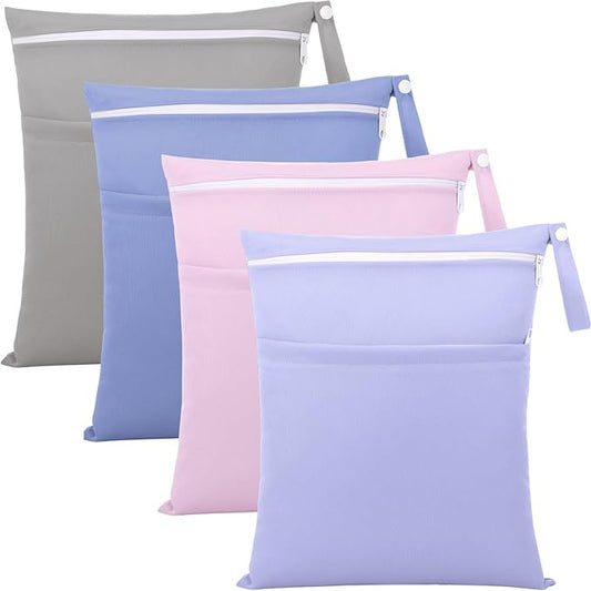 SATINIOR 4 Pack Wet Dry Bags for Baby Cloth Diapers 12x14 Washable Travel Swimsuit Wet Bags Reusable with Two Zippered Pockets for Yoga Gym Swimsuits Travel Beach Pool Soiled Items(Dreamy Colors)