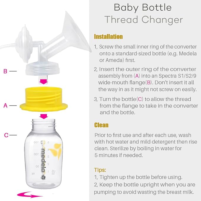 Baby Bottle Thread Changer, Baby Bottle Converter Allow Spectra S1 S2 Pumps' Wide Mouth Flanges to Use Medela Bottles
