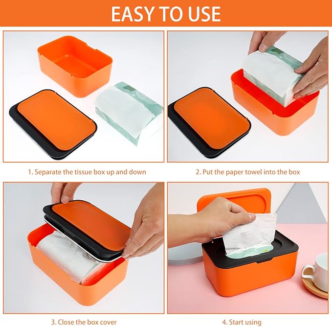 Wipes Dispenser, Dustproof Wet Tissue Box Baby Wipe Holder Large Capacity Wipes/Tissue Case with Moistur e Seal Secure Lid Keeps Wipes Fresh for Home, Office(Orange Black)