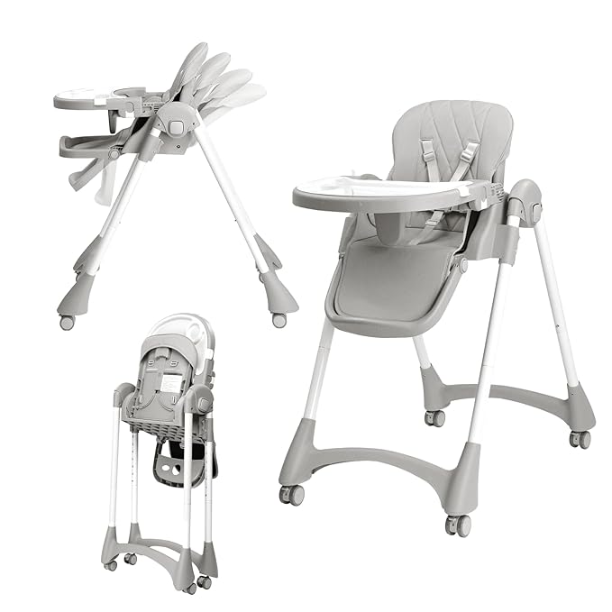 JOYMOR Foldable Baby High Chair, 4 in 1 Convertible Highchair for Eating, Height Adjustble and Multiple Seat Position, Compact Foldable Design for Easy Storage (Gray)