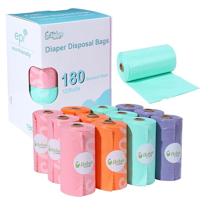 Diaper Bags Disposable for Baby, 12 Refill Rolls/180 Bags OXO-Biodegradable Waste Bags,Dirty Disposable Diaper Bags,Diaper Trash Bags,Rainbow