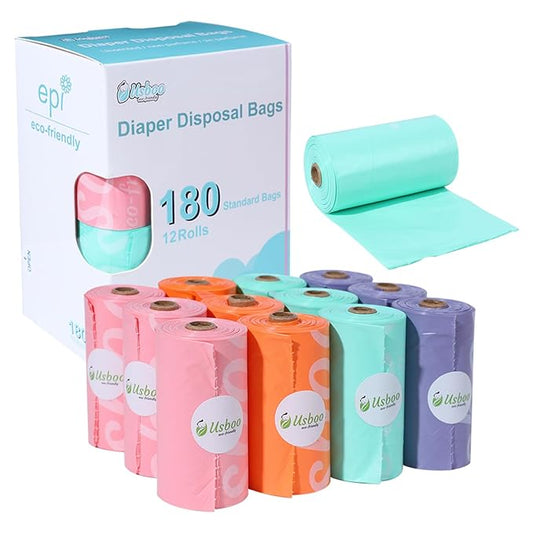 Diaper Bags Disposable for Baby, 12 Refill Rolls/180 Bags OXO-Biodegradable Waste Bags,Dirty Disposable Diaper Bags,Diaper Trash Bags,Rainbow