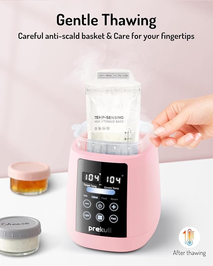 Bottle Warmer, prekull Fast Baby Bottle Warmer with Accurate Temp Control for Breastmilk, Formula, 48H Thermostat Milk Warmer with Thaw, Night Light, Multifunctional Bottle Warmer for All Bottles-Pink