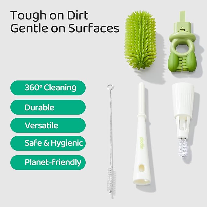 Detachable 5-in-1 Bottle Cleaning Brush Set - Silicone Baby Bottle Brush Cleaner Kit with Nipple Brush, Detail Brush & Straw Brush, Portable Long Handle Bottles Scrubber Cleaning Tool