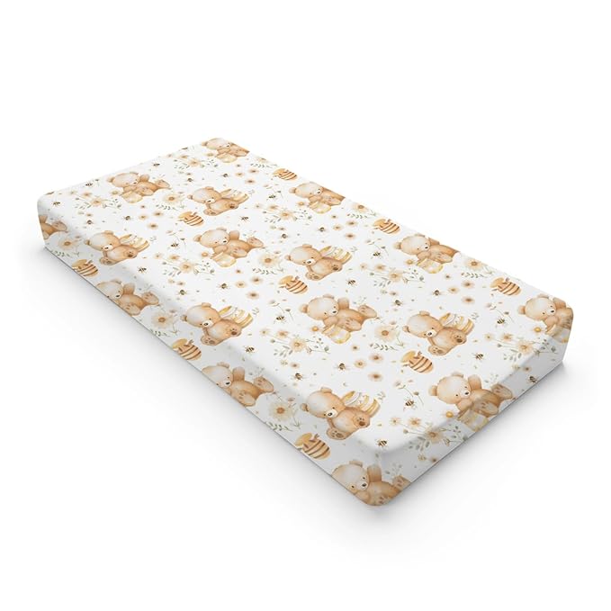 Cute Bears Bee Flowers Floral Pattern Baby Changing Pad Cover, Unisex Bear Nursery Diaper Changing Table Pad Mat Sheet for Boys Girls-16x32