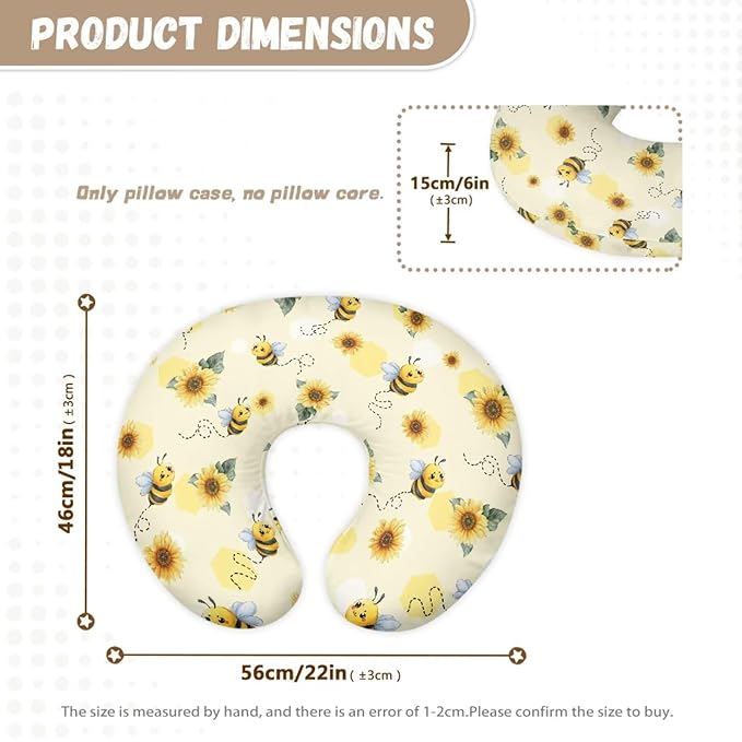 Nursing Pillow Cover, Bee Sunflower Breastfeeding Pillow Slipcover for Baby Boys & Girls, Soft Nursing Pillow Case for Newborn, Washable & Breathable, Yellow