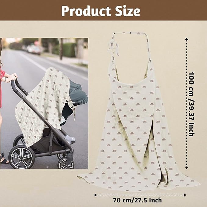 IDYLLICA Multifunctional Muslin Nursing Cotton Cover for Baby Breastfeeding with Adjustable Mom Privacy & Arch Neckline - Nursing Apron Cover - Stroller Cover Car Seat Cover, Boho Rainbow