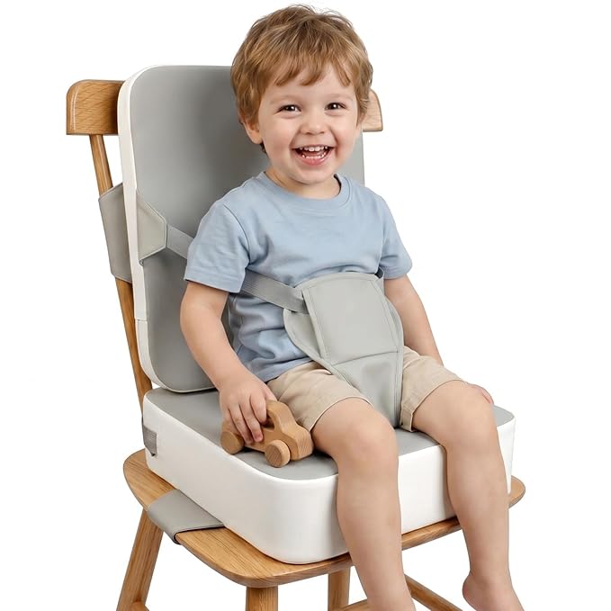 Booster Seat for Kitchen Chair, Toddler Booster Seat for Dining Table with Backrest and Adjustable Straps, Non-Slip High Back Booster Seat, Portable Travel Baby Booster Increasing Cushion, Gray White