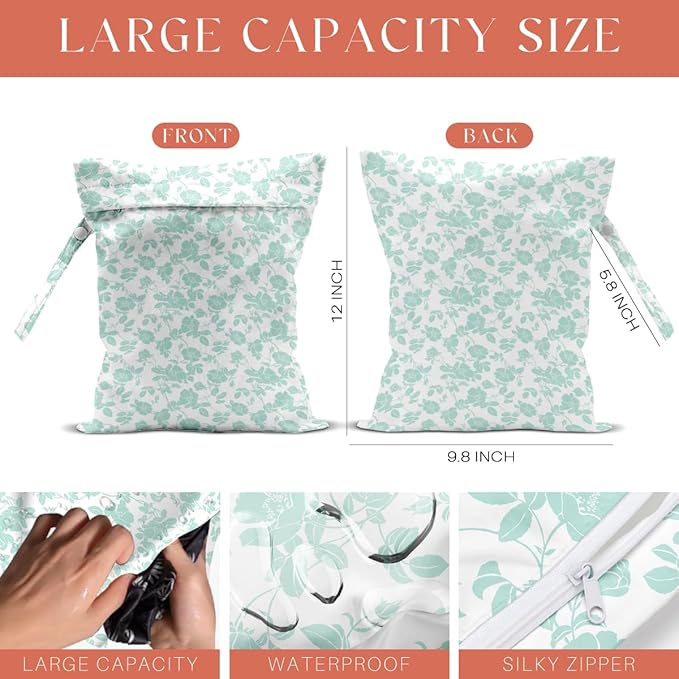 4 Pack Rose Floral Wet Bag Waterproof Washable Reusable Wet Dry Bag for Swimsuit Clothes Cloth Diaper Travel Beach Pool Yoga Gym Toiletries Gift for Women Bachelor Party Birthday Christmas