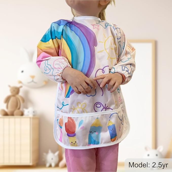 Madrona Brands Toddler Art Smock 1-3 Years | Long Sleeve Kids Waterproof Cover with Pockets | Crafts, Paint Apron, Baby Bib