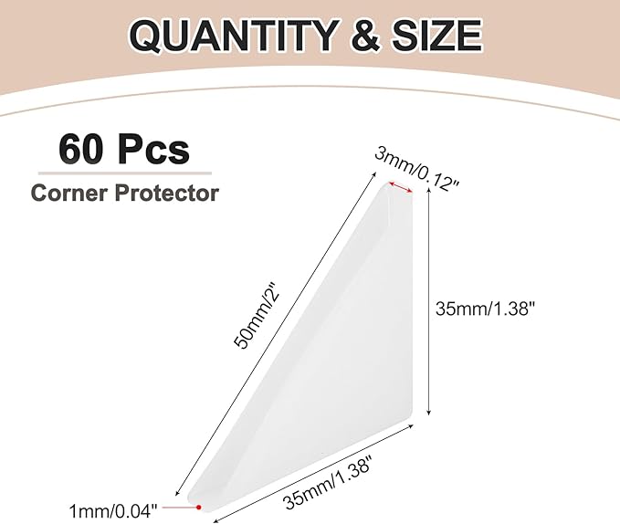 uxcell 60Pcs Triangle Glass Corner Protector, 0.12 x 1.38 Inch Plastic Glass Table Corner Protector Transport Corner Guard for Glass, Ceramics, Wood, and Steel(Right Angle, Clear)