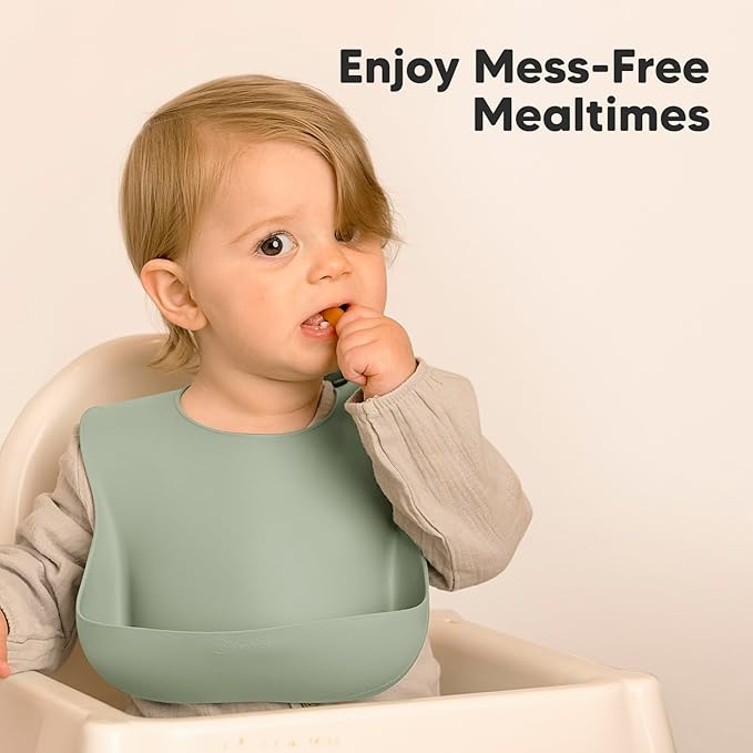 KeaBabies 2-Pack Silicone Bibs for Babies, Toddlers Girl, Boy – Sturdy Food-Grade Baby Bibs for Eating, Large Food Catcher, Clean & Put On Easily, Waterproof Toddler Feeding Essentials (Sage)