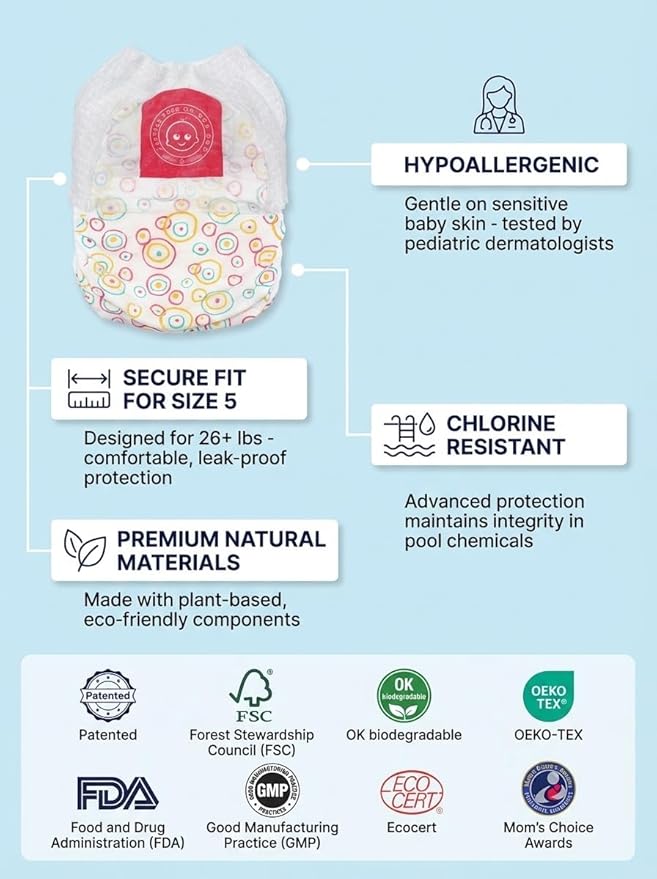 Little Toes Premium Natural Disposable Swim Diapers, Size 5 Large (26+ lbs) (12 Count) | Baby Disposable Swim Diapers | Hypoallergenic, Chlorine & Fragrance-Free | Gentle on Sensitive Skin