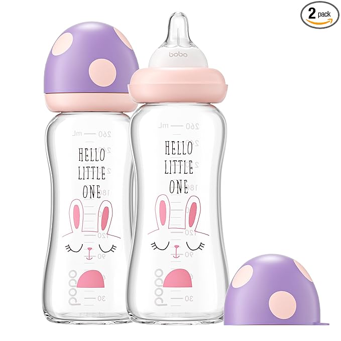 YOHKOH Natural Glass Baby Bottle with Level 2 Medium Flow Nipple, Newborn Anti-Colic Baby Bottles, Wide Neck Mushroom Baby Glass Bottle ((8.8oz (Pack of 2), Purple)