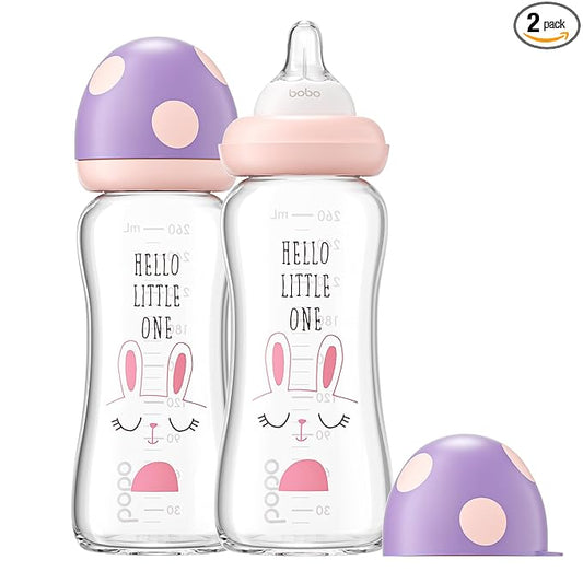 YOHKOH Natural Glass Baby Bottle with Level 2 Medium Flow Nipple, Newborn Anti-Colic Baby Bottles, Wide Neck Mushroom Baby Glass Bottle ((8.8oz (Pack of 2), Purple)